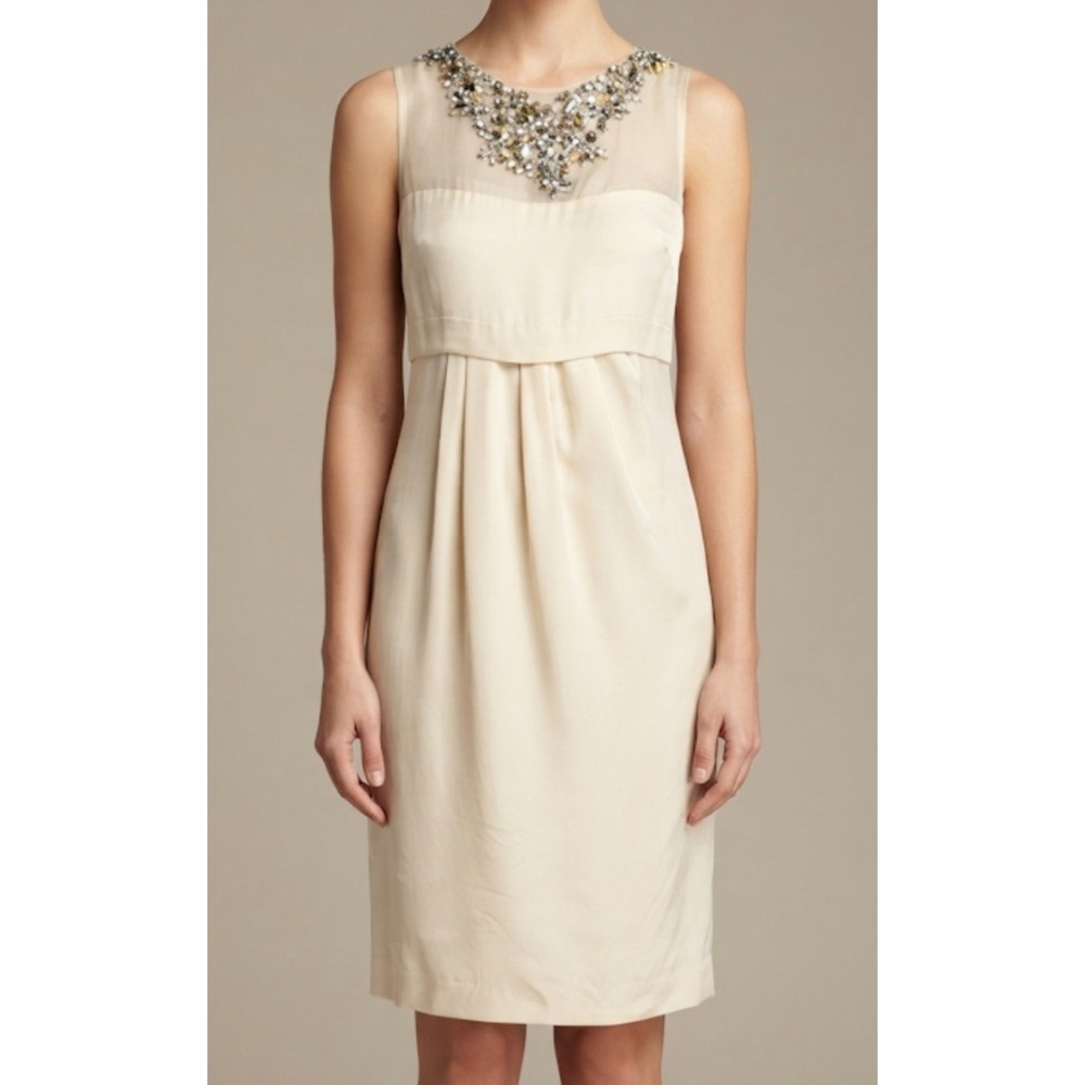 Magaschoni Collection Cream Beaded Jewel Neck Empire Waist Sheath Dress Womens
